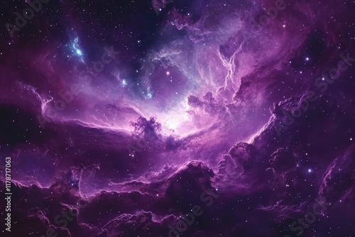 Vibrant purple nebula illuminated by distant stars in the vast expanse of outer space photo