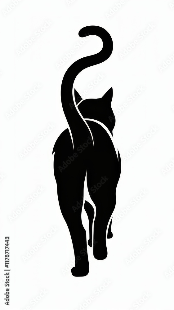 Black silhouette of a cat walking with tail raised. Animal movement vector of a black and white feline logo isolated on a white background. Black silhouette of a cat walking with tail raised. Animal movement vector of a black and white feline logo isolated on a white background.