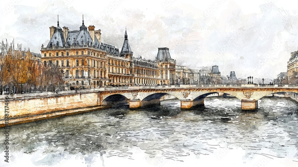 Obraz premium Parisian Bridge Seine River Watercolor Architecture Cityscape