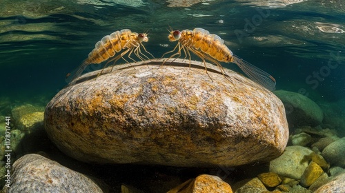 Two aquatic insects perched on a rock underwater, showcasing their natural habitat.