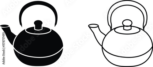 Boiling kettle icon set. Hot teapot with steam kitchenware sign flat and line vector collection isolated on transparent background. Traditional tea kettle for hot beverage or water scrapbooking design