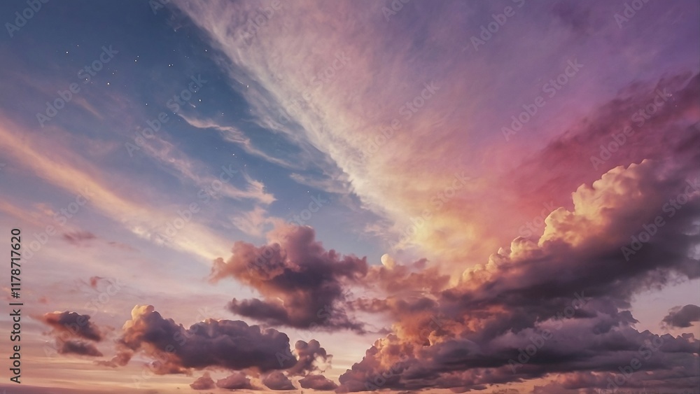 Fototapeta premium Here's a sentence describing the image using the provided words:A dramatic sunrise paints the sky with vibrant colors as sunlight breaks through a stormy cloudscape