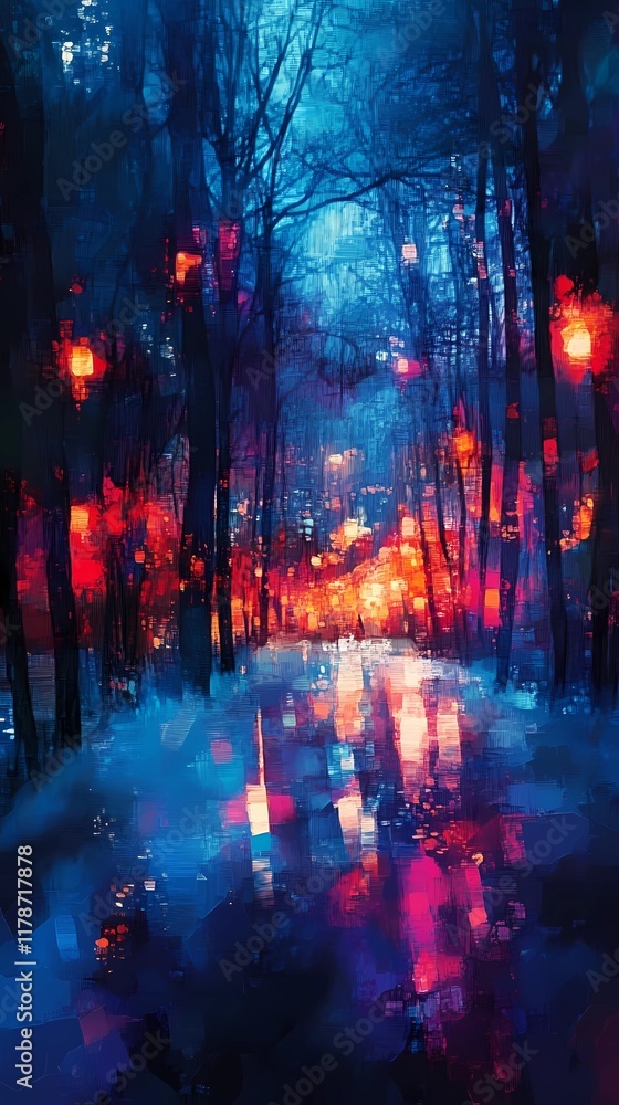 Blurred warm light clusters illuminating a snowy path surrounded by dense forest evoking a tranquil and magical winter setting Blurred warm light clusters illuminating a snowy path surrounded by dense forest evoking a tranquil and magical winter setting