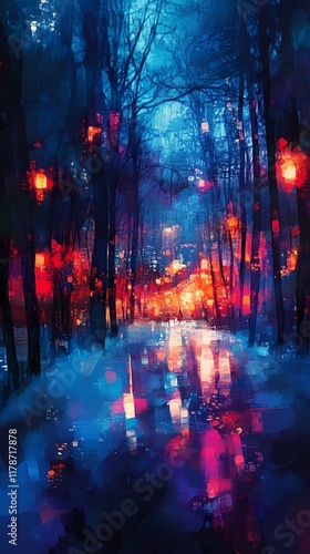 Blurred warm light clusters illuminating a snowy path surrounded by dense forest evoking a tranquil and magical winter setting