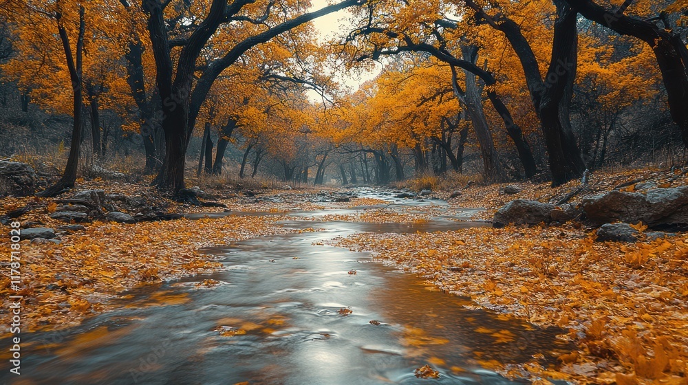 Autumnal Serenity: Golden Leaves and Tranquil Stream Autumnal Serenity: Golden Leaves and Tranquil Stream