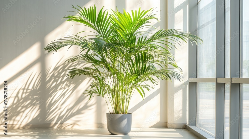 Fototapeta premium Large potted palm tree in sunlight by window.