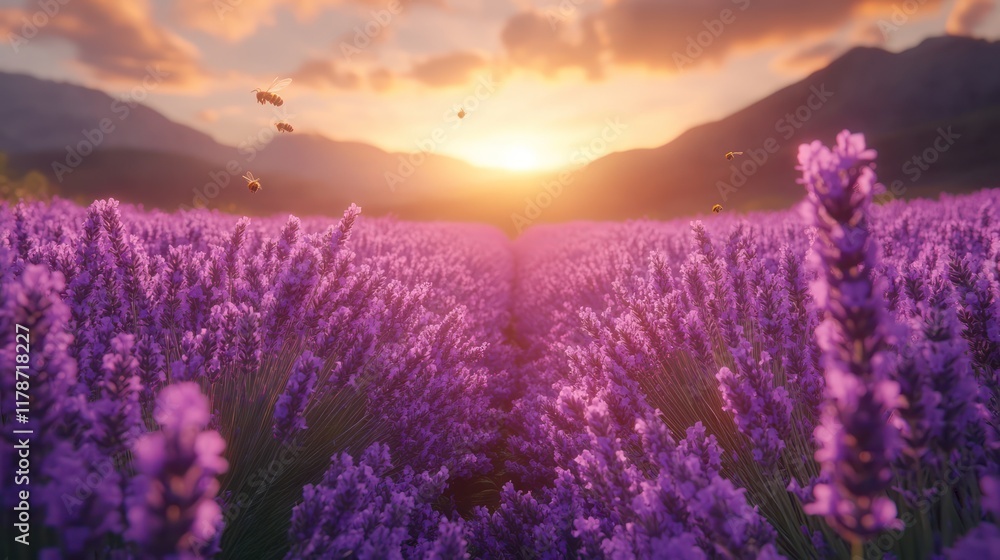 Obraz premium Lavender Sunset: A Serene Field of Purple Blossoms at Golden Hour