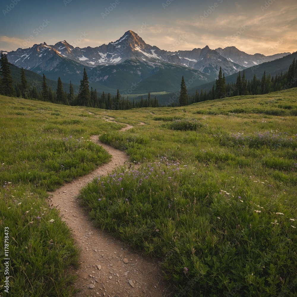 Obraz premium A hiking trail winding through a meadow with mountains towering in the background.