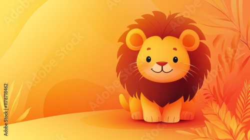 Cute cartoon lion cub sitting in sunset savanna. photo