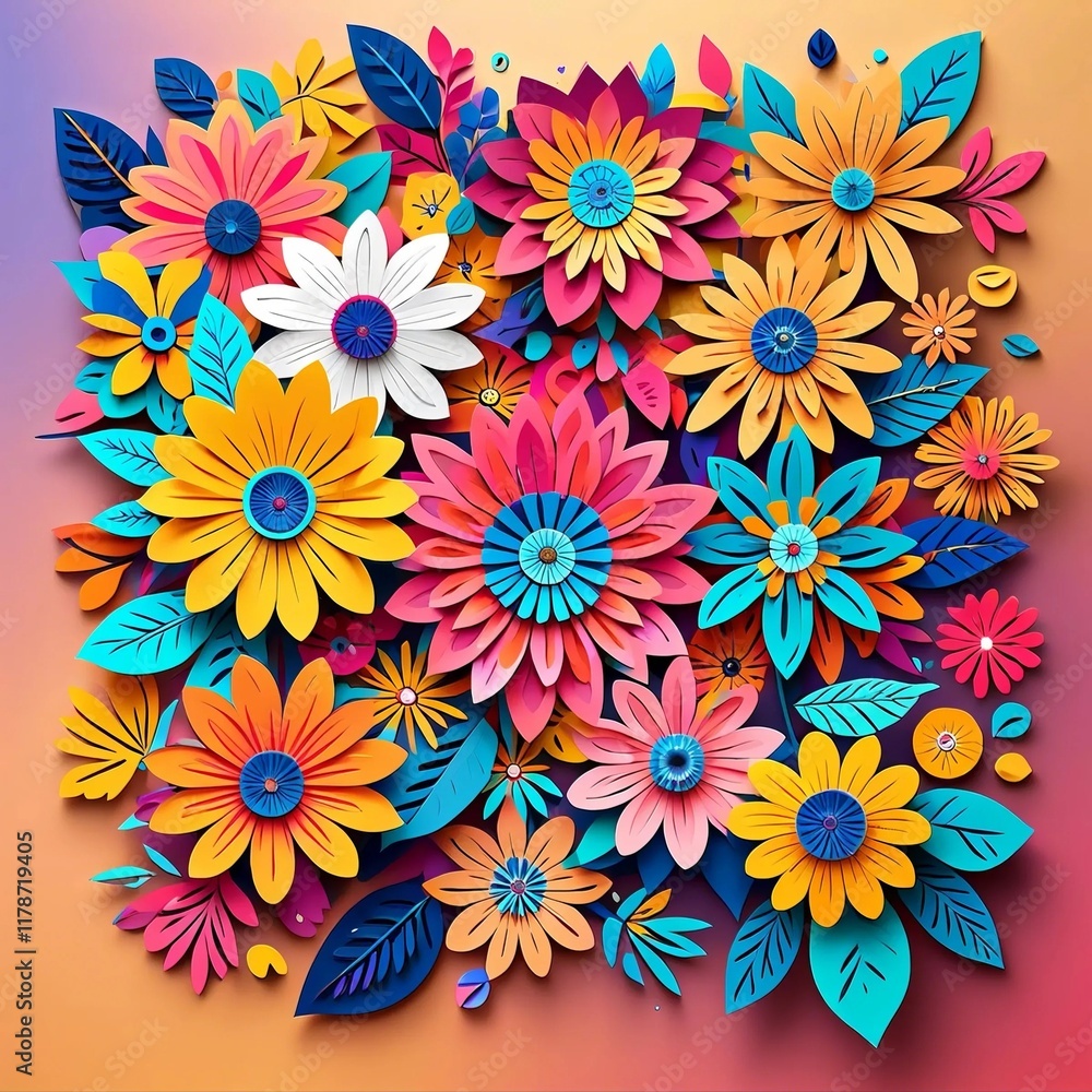 A colorful collage of flowers made out of paper. The flowers are arranged in a way that creates a sense of movement and energy A colorful collage of flowers made out of paper. The flowers are arranged in a way that creates a sense of movement and energy