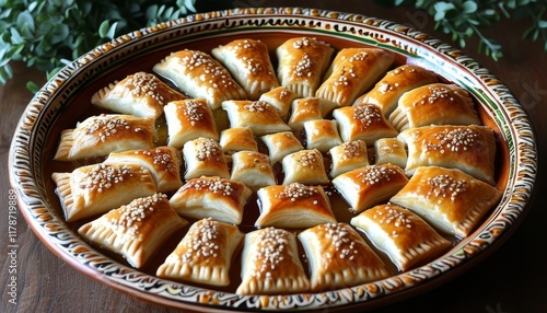 Delicious Moroccan Briouat Platter with Golden Pastries and Sesame Seeds photo