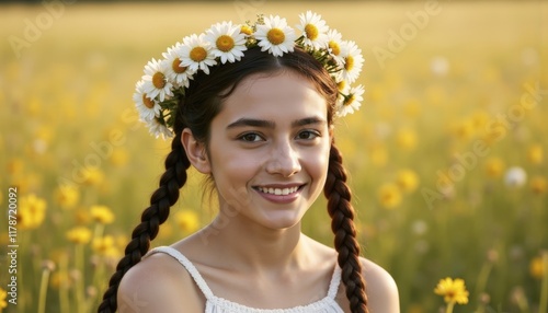 A smiling teen with a daisy crown and braids stands in a field of yellow flowers, embodying youth and natural beauty, perfect for spring festivals, fashion blogs, or nature-themed promotions photo