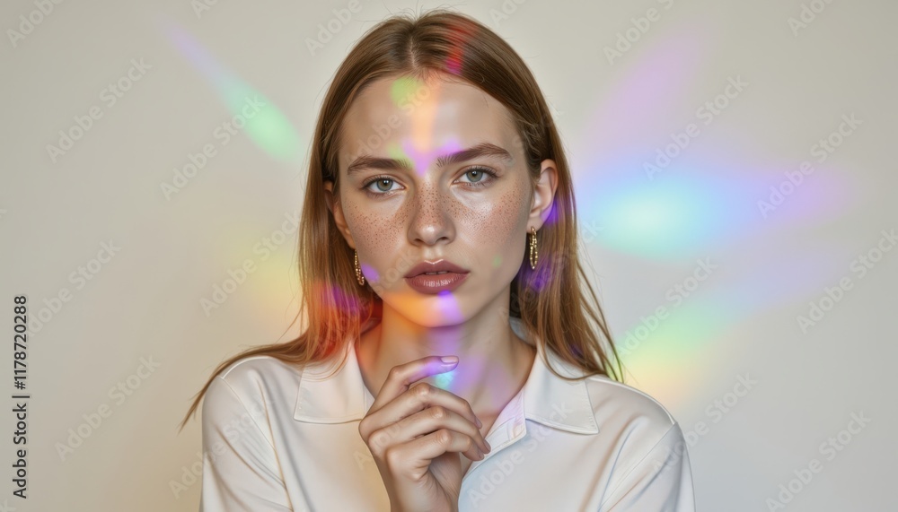 Prismatic Beauty, A young woman,s face is illuminated by rainbow light, suggesting inner vibrancy, suitable for fashion, beauty, or inspirational content, Prismatic Beauty, A young woman,s face is illuminated by rainbow light, suggesting inner vibrancy, suitable for fashion, beauty, or inspirational content,