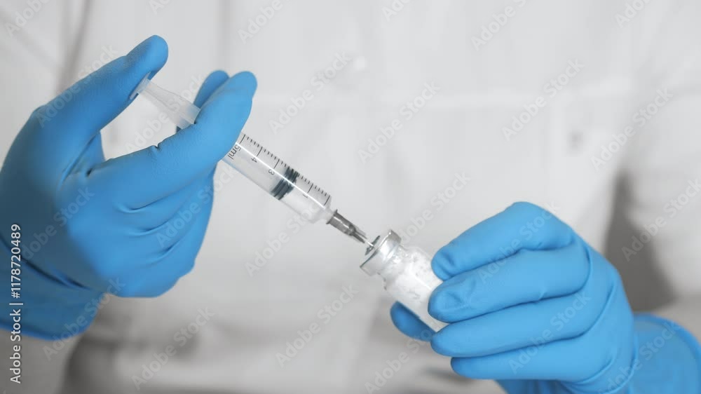 Close-up of a doctor's hands in blue gloves mixing two components of a substance in a bottle. The researcher injects the substance into the vial with a syringe. Close-up of a doctor's hands in blue gloves mixing two components of a substance in a bottle. The researcher injects the substance into the vial with a syringe.