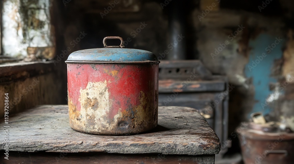 Rustic kitchen, old tin container, wood stove, weathered room, historical setting, stock photo. Rustic kitchen, old tin container, wood stove, weathered room, historical setting, stock photo.
