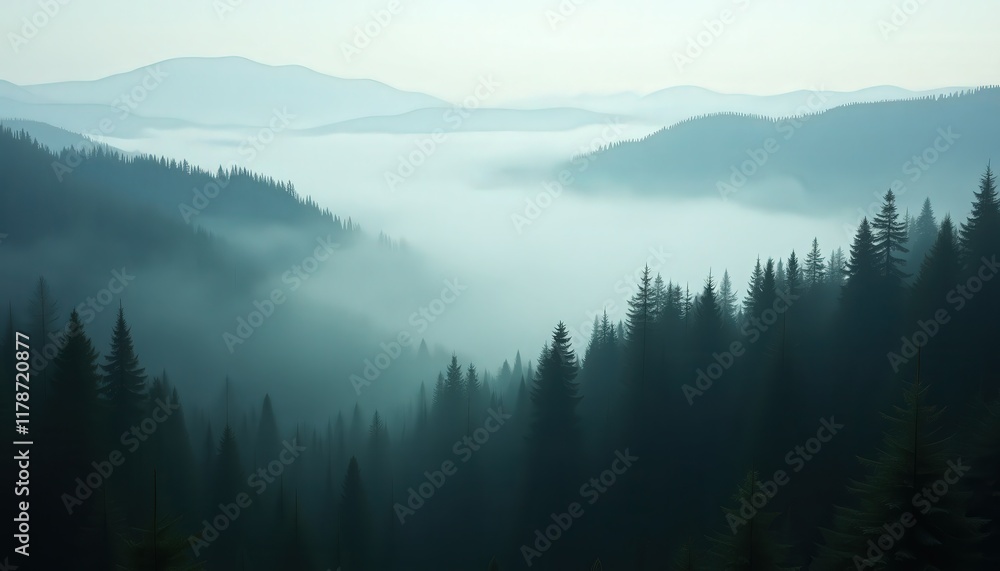 Fototapeta premium Misty Mountain Forest at Dawn