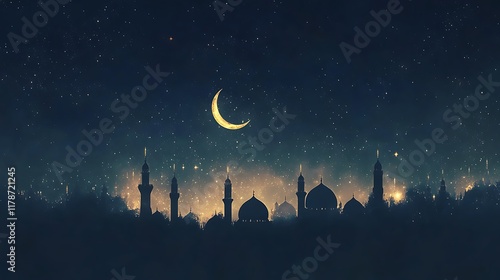 Silhouetted Mosques Under a Crescent Moon: A Serene Night Scene photo