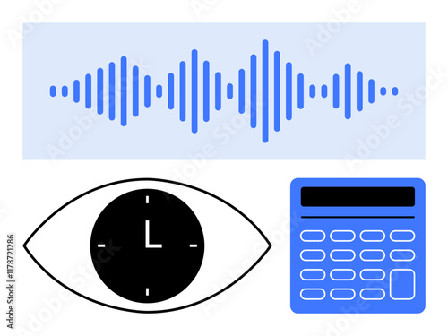 Blue sound waves, clock in an eye, and calculator evoke analytics, productivity, and technology innovation. Ideal for time management, AI, creativity, education tech strategy futurism abstract