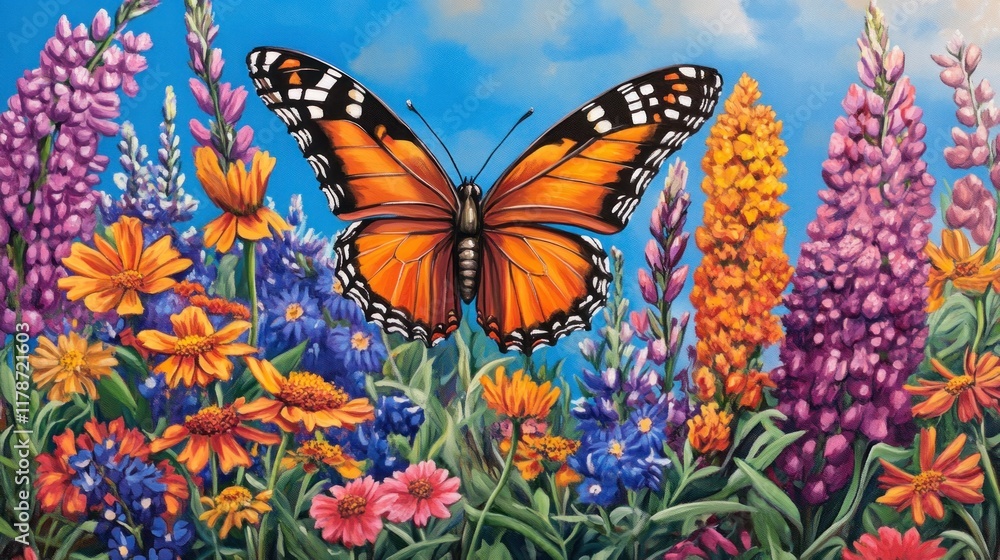A vibrant illustration of a butterfly amidst a colorful array of blooming flowers. A vibrant illustration of a butterfly amidst a colorful array of blooming flowers.