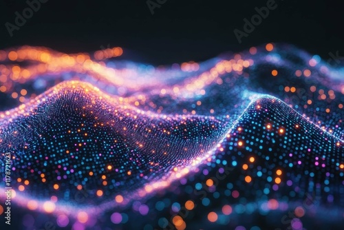 Colorful wave patterns created by vibrant particles in a digital landscape