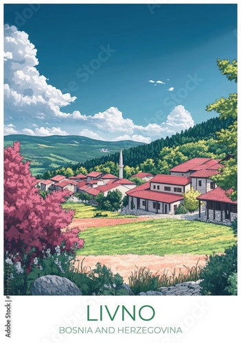 Livno Bosnia and herzegovina Travel Poster Flat Illustration Print Decor Gift Canvas Wall Art Gift photo