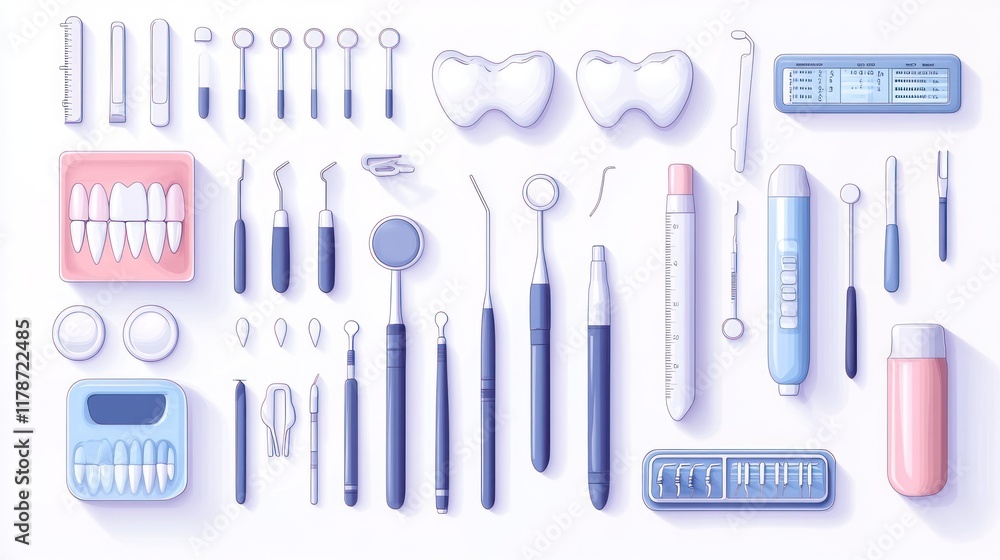 Dental tools, instruments, and models arranged on a white background. Dental tools, instruments, and models arranged on a white background.