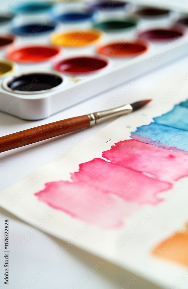 Watercolor paints palette with various colours, art supplies. Artist uses brushes to create abstract artwork. Colorful painting process on white paper. Art therapy hobby concept. Creative workplace Watercolor paints palette with various colours, art supplies. Artist uses brushes to create abstract artwork. Colorful painting process on white paper. Art therapy hobby concept. Creative workplace