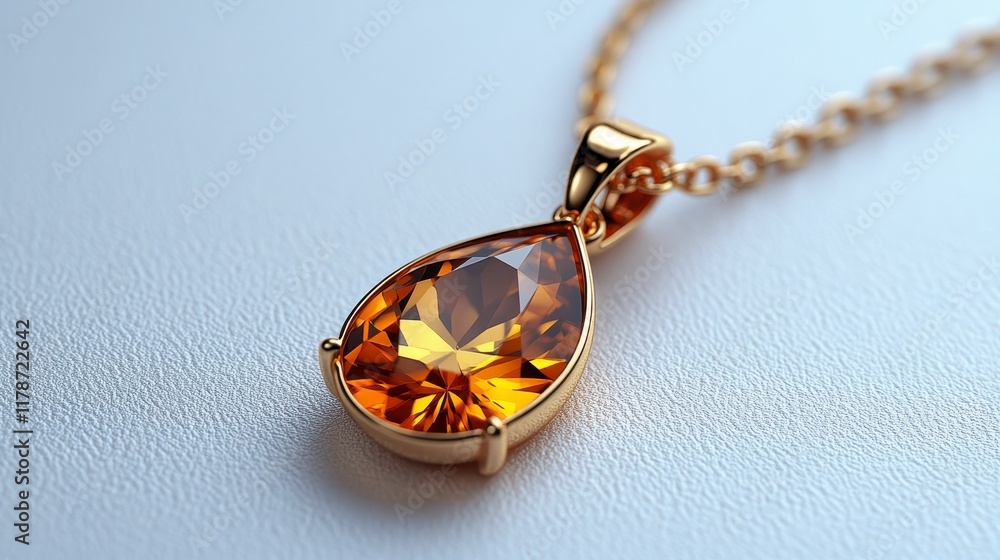 Pear-shaped amber gemstone pendant on gold chain. Pear-shaped amber gemstone pendant on gold chain.