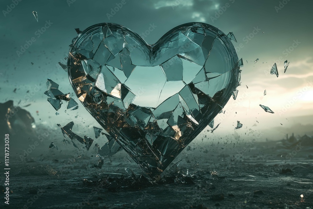 Fototapeta premium Shattered glass heart reflecting a dramatic sky with fragments scattering in a mystical landscape
