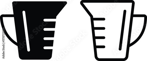 Black silhouette electricity liquid test measuring cup icon set flat and line vector collection isolated transparent background. Kitchen measuring with various amount of liquid cooking and laboratory.