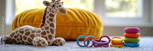 A plush toy shaped like a giraffe resting next to a colorful set of stacking rings on a soft surface photo