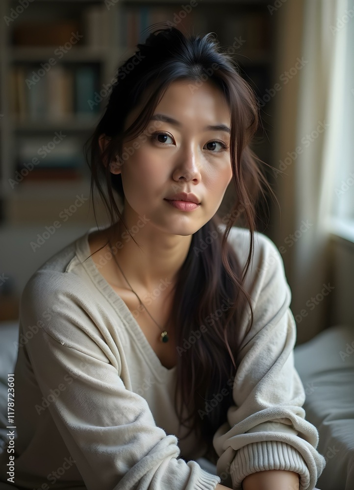 portrait of a person, woman sitting in the room portrait of a person, woman sitting in the room