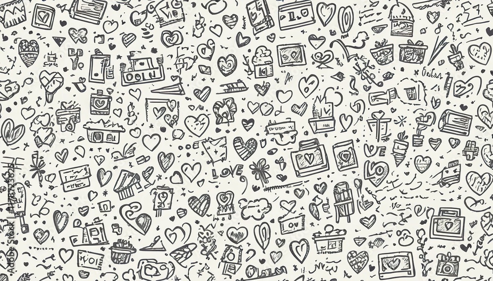 Doodle pattern with hearts and various objects. Doodle pattern with hearts and various objects.