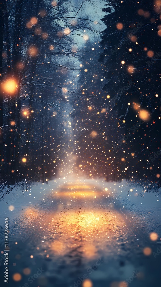 Obraz premium Abstract blurred bokeh glow softly scattered along a frosty forest trail with snow-covered trees evoking a serene seasonal feel