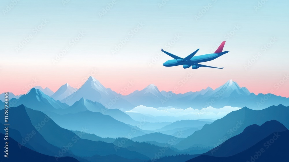 Airplane flying over majestic mountain range at sunrise. Airplane flying over majestic mountain range at sunrise.