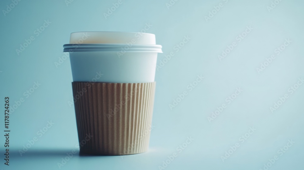 Disposable coffee cup with lid and sleeve on light blue background. Disposable coffee cup with lid and sleeve on light blue background.