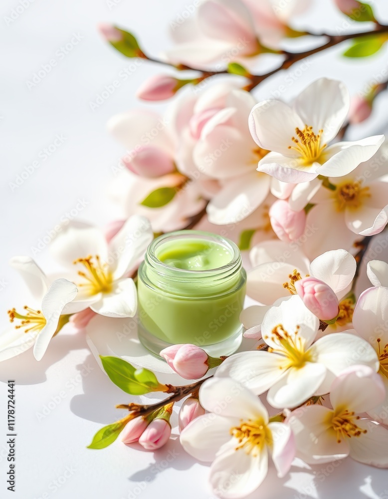 Green cream surrounded by delicate blossoms on a soft background captures the essence of natural beauty and skincare Green cream surrounded by delicate blossoms on a soft background captures the essence of natural beauty and skincare