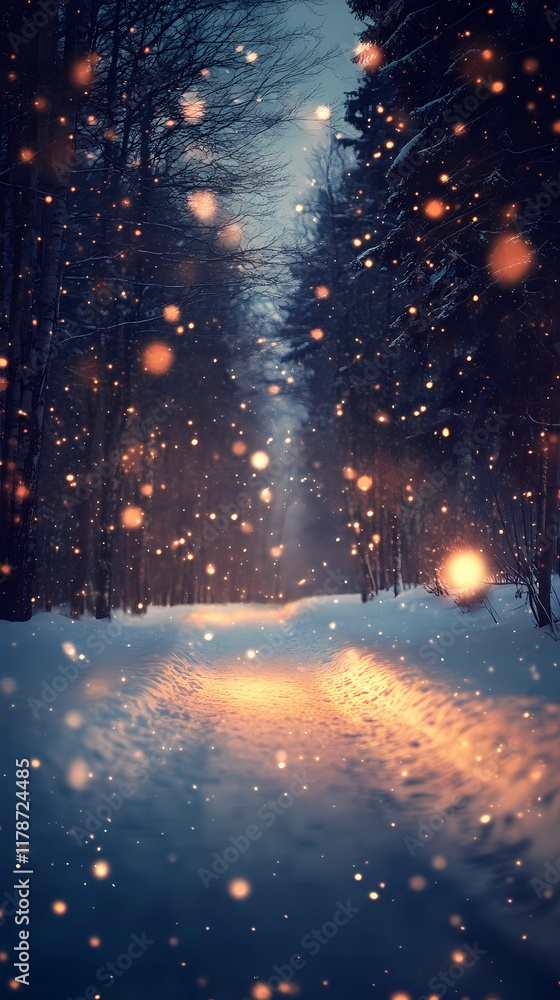 Naklejka premium Abstract blurred bokeh glow softly scattered along a frosty forest trail with snow-covered trees evoking a serene seasonal feel