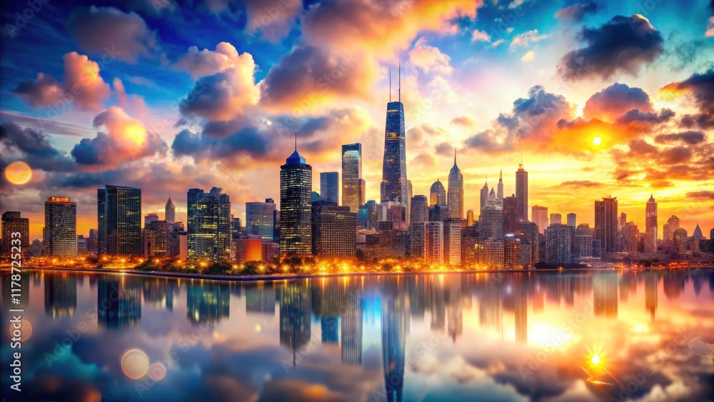 Obraz premium Mystical Chicago: Night city lights and abstract architecture intertwine in a surreal double exposure.