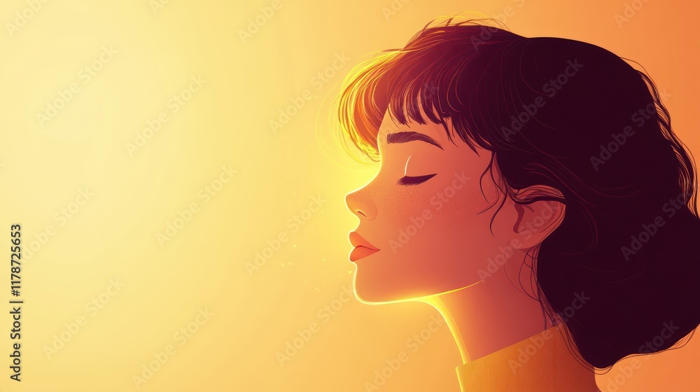 Serene woman profile, illuminated by warm sunset light, eyes closed in peaceful contemplation. Serene woman profile, illuminated by warm sunset light, eyes closed in peaceful contemplation.