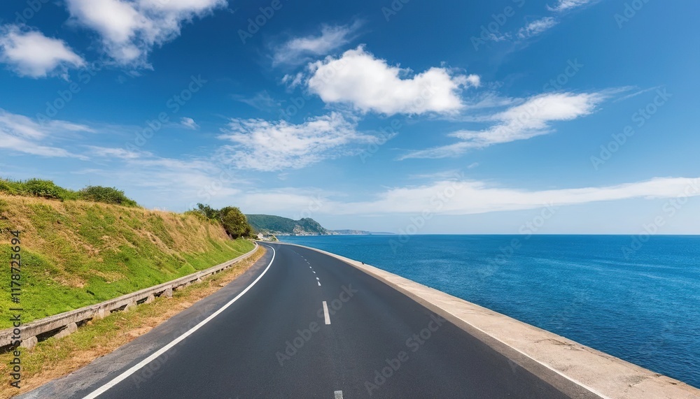 Coastal highway stretches towards a horizon of blue ocean, Coastal highway stretches towards a horizon of blue ocean,