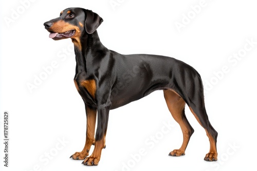 dog clean background Concept. Doberman dog standing proudly, showcasing its sleek coat and alert demeanor against a white background.