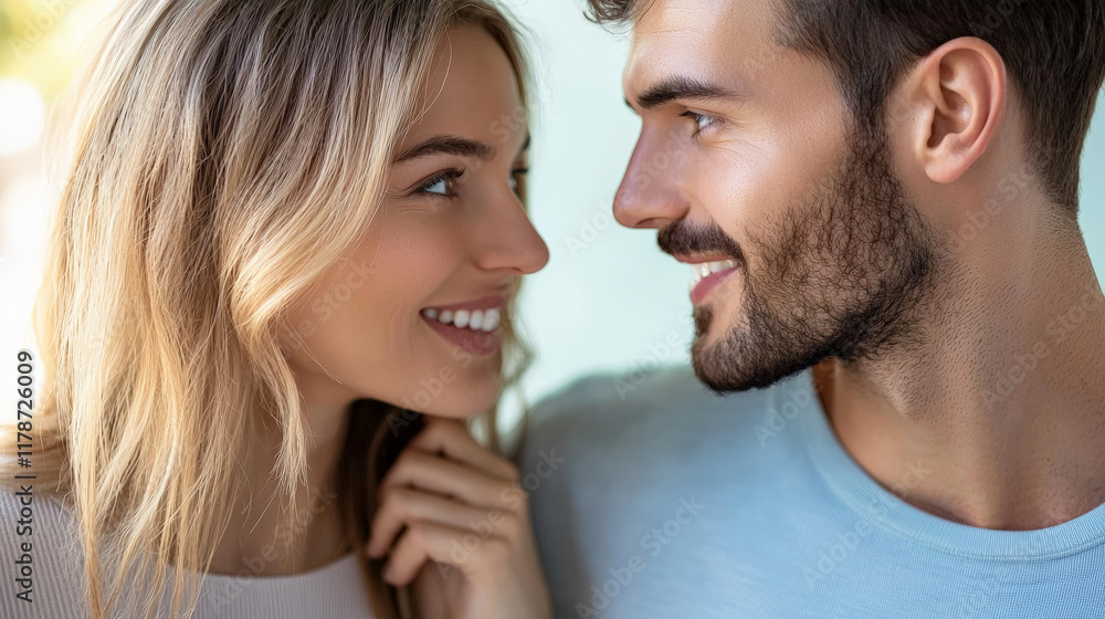 Close up of couple smiling and whispering, sharing joyful moment Close up of couple smiling and whispering, sharing joyful moment
