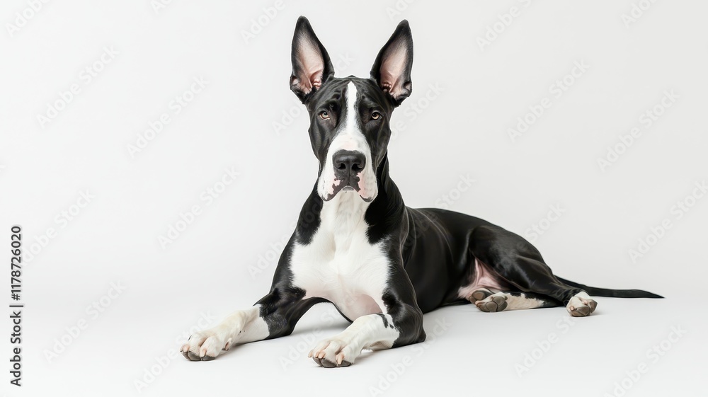 dog clean background Concept. Elegant black and white dog lying on a white background, showcasing its unique features. dog clean background Concept. Elegant black and white dog lying on a white background, showcasing its unique features.