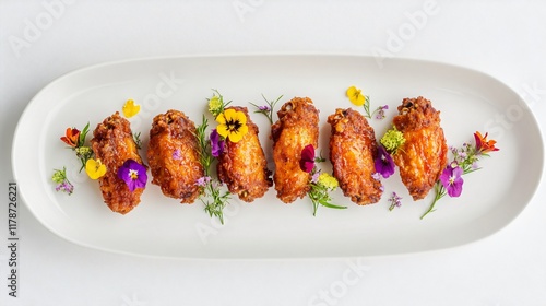 Fried chicken wings arranged on a minimalist white platter with edible flowers photo