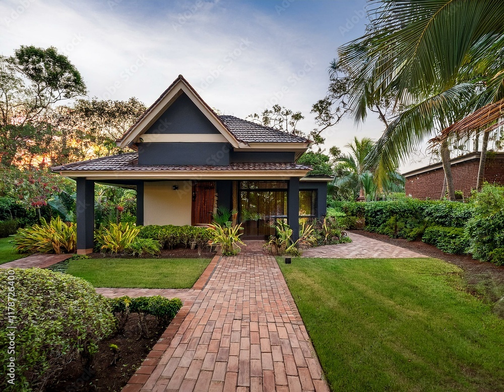 Charming tropical home amidst lush greenery and brick pathway Charming tropical home amidst lush greenery and brick pathway