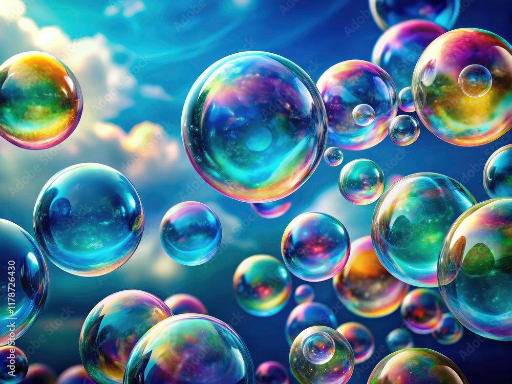 Panoramic view of magical bubble blowing: teal, blue, rainbow hues create a breathtaking scene.