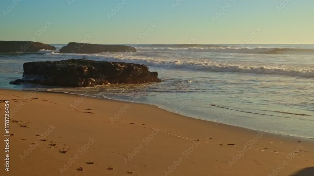 Golden sunset on a beach, foamy waves rolling towards white sand beach under low the sun light Golden sunset on a beach, foamy waves rolling towards white sand beach under low the sun light