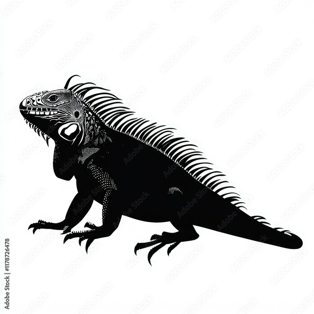 Fototapeta premium Black and White Iguana Silhouette: A Stunning Wildlife Illustration