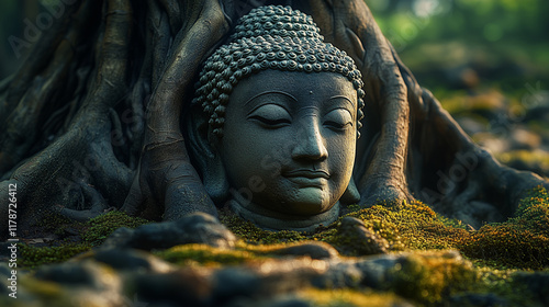 Close-up of a Buddha statue's head nestled within the roots of a large, moss-covered tree